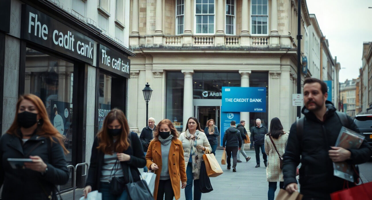 Shoppers on a UK high street with a bank in the background, illustrating consumer credit trends.