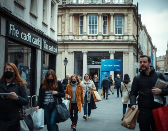Shoppers on a UK high street with a bank in the background, illustrating consumer credit trends.