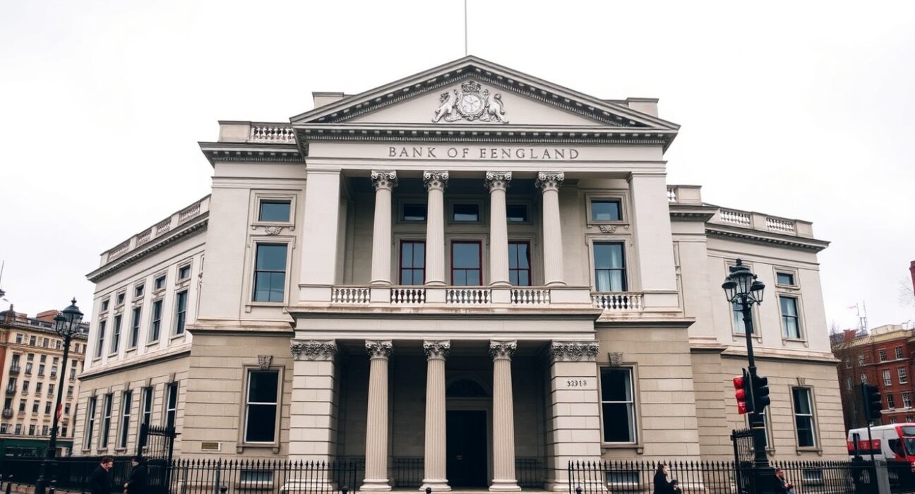 Bank of England building in London on a cloudy day, representing UK monetary policy and inflation analysis.