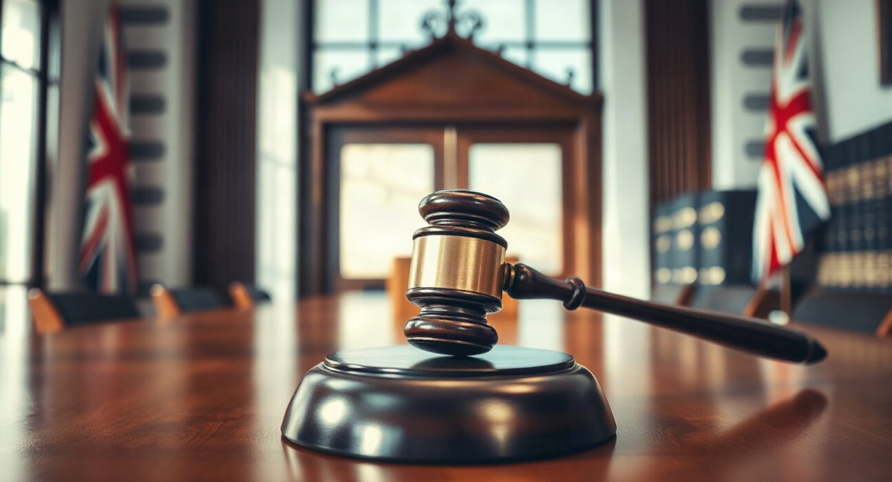Judge's gavel on desk in UK courtroom, symbolizing court order for liquidation of crypto firm