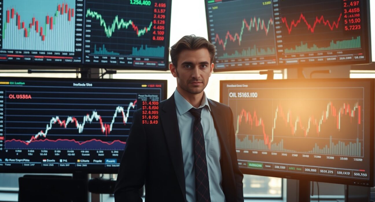 Financial analyst monitoring UK inflation and oil price data on multiple screens in a London office