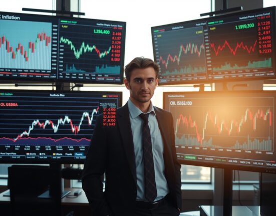 Financial analyst monitoring UK inflation and oil price data on multiple screens in a London office
