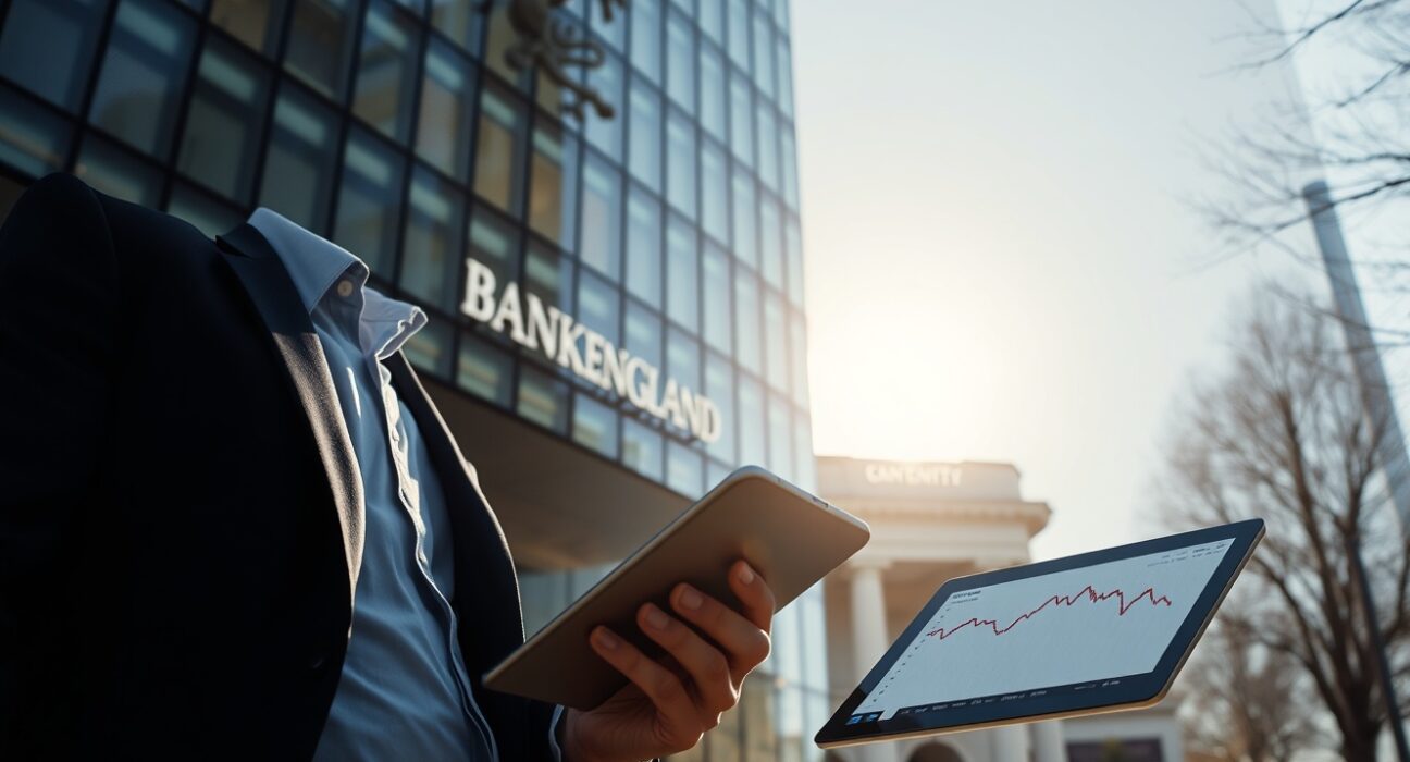 Financial analyst looking at tablet with inflation chart in front of Bank of England building in London