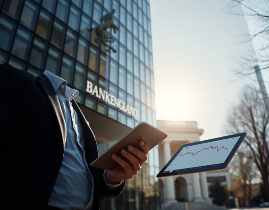 Financial analyst looking at tablet with inflation chart in front of Bank of England building in London