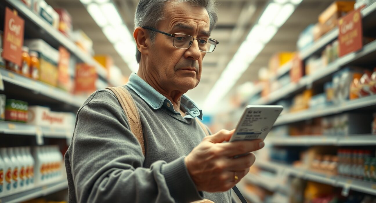 Shopper in UK supermarket concerned about high inflation and rising consumer prices in February 2025.