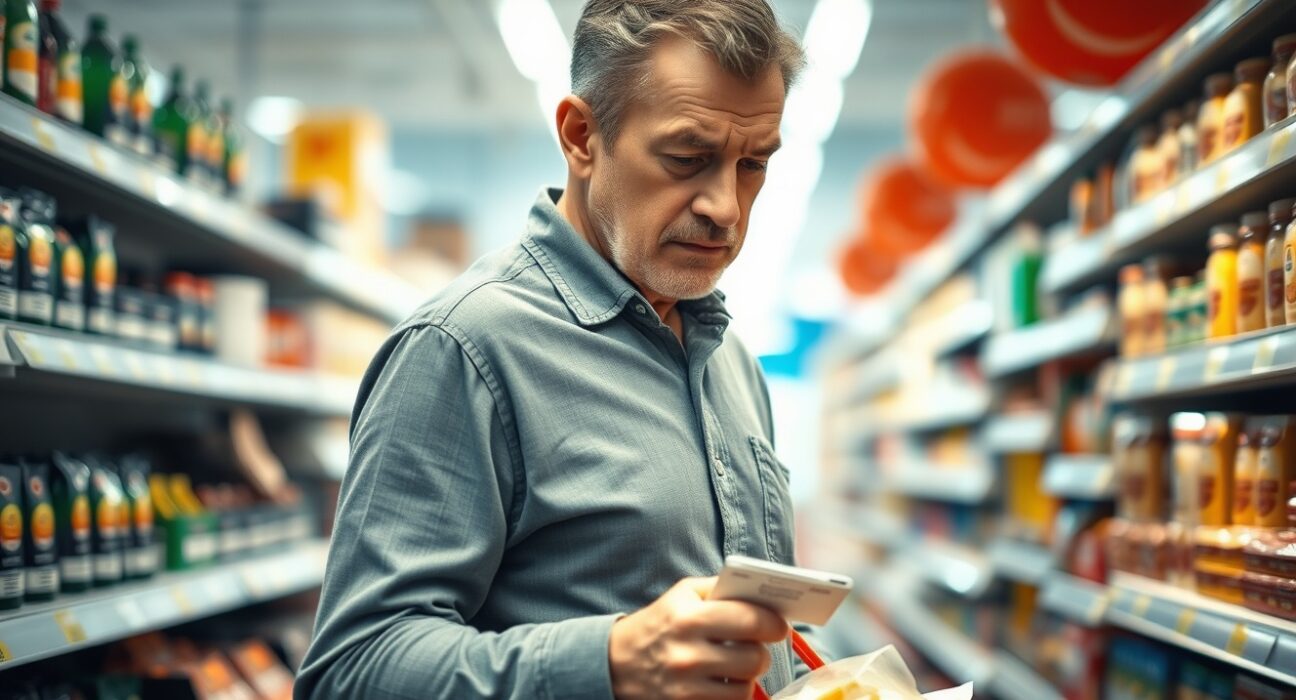 UK consumer examines rising prices in supermarket, reflecting persistent CPI inflation.