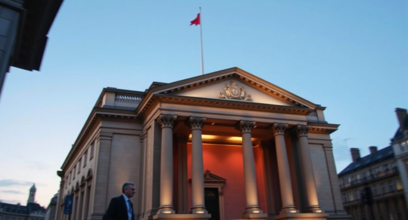 Bank of England building in London as UK CPI data shows persistent inflation in February 2025.