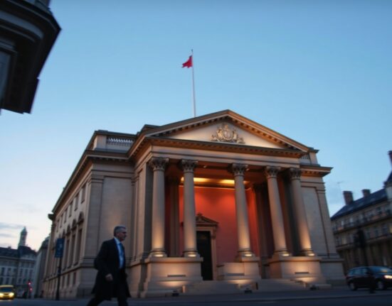 Bank of England building in London as UK CPI data shows persistent inflation in February 2025.