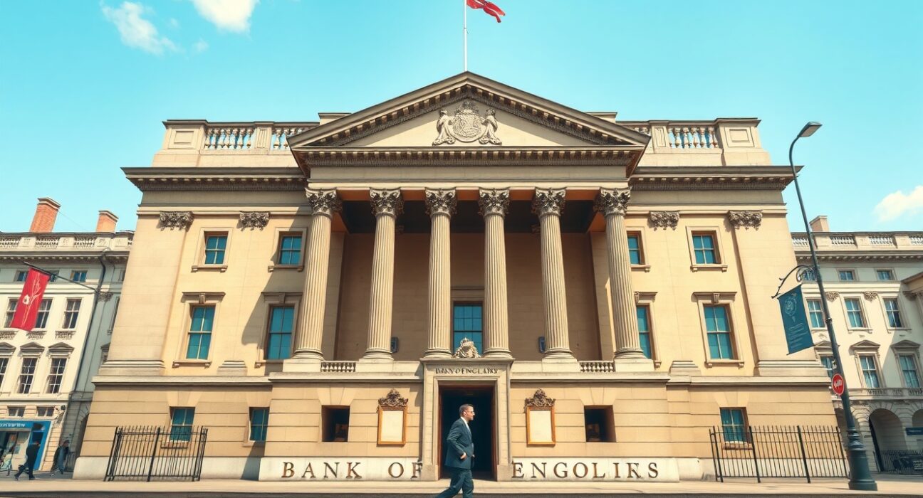 Bank of England building in London as UK CPI data signals persistent inflation and potential rate hike.