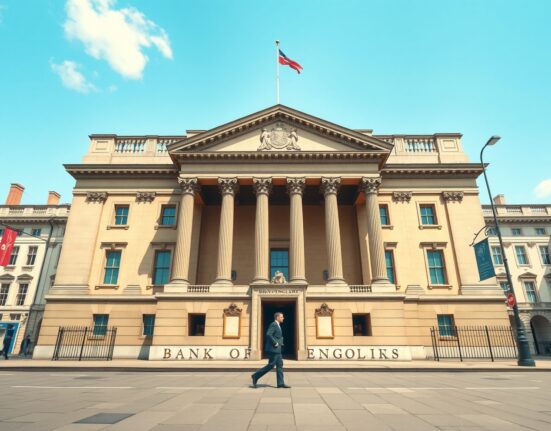 Bank of England building in London as UK CPI data signals persistent inflation and potential rate hike.