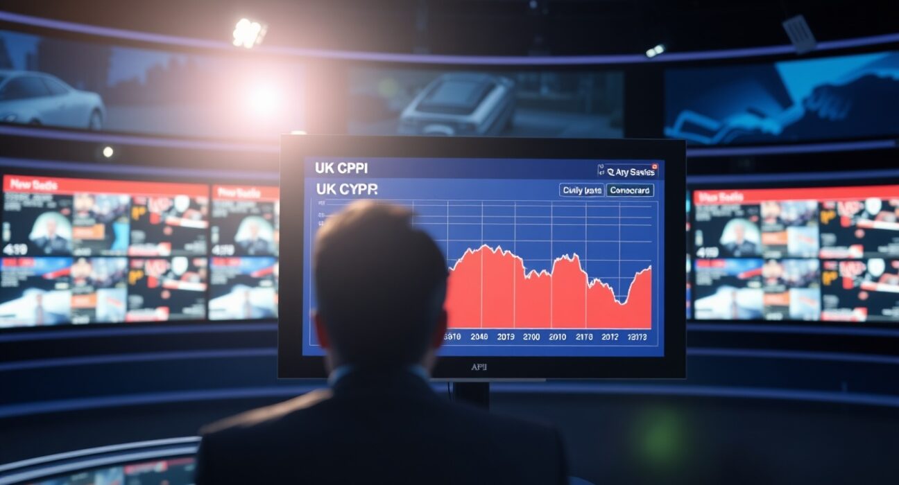 Digital screen showing UK CPI data with a downward trend graph in a newsroom.