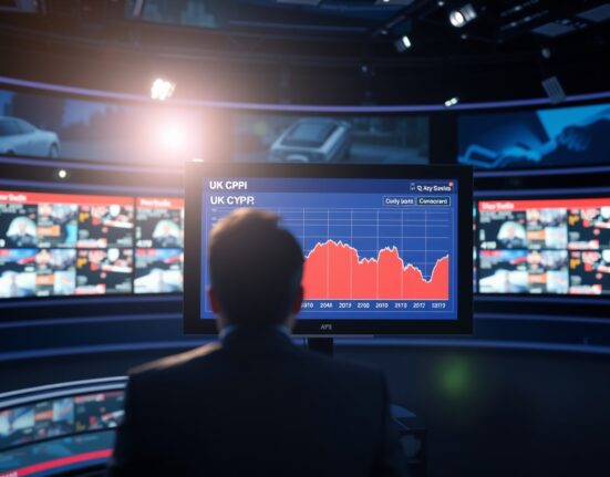 Digital screen showing UK CPI data with a downward trend graph in a newsroom.