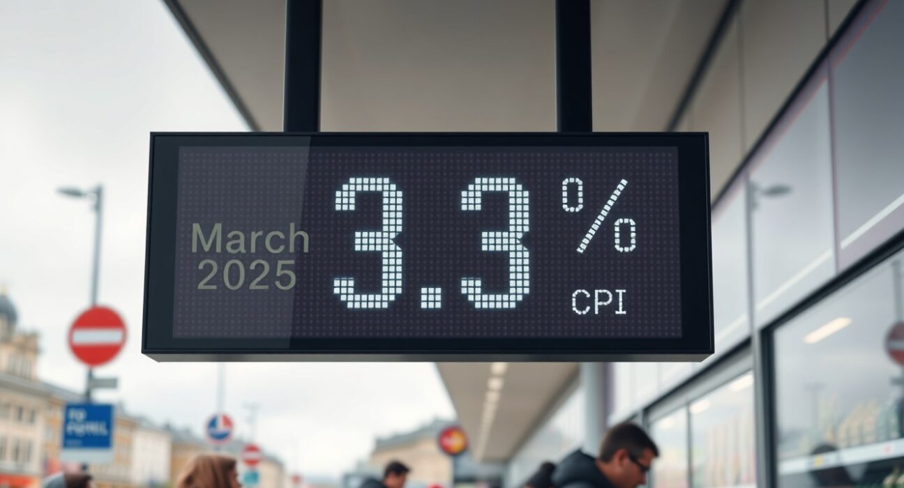 Economic analyst reviews UK CPI inflation data chart showing a 3.3% rise.