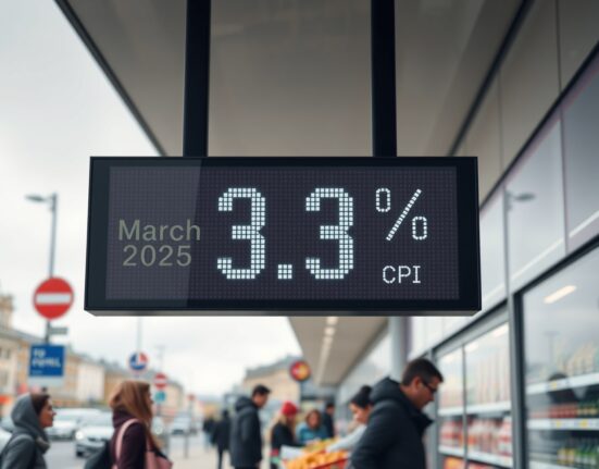 UK CPI inflation climbed to 3.3% in March 2025, as displayed on a digital price board in London, indicating persistent consumer price pressures.