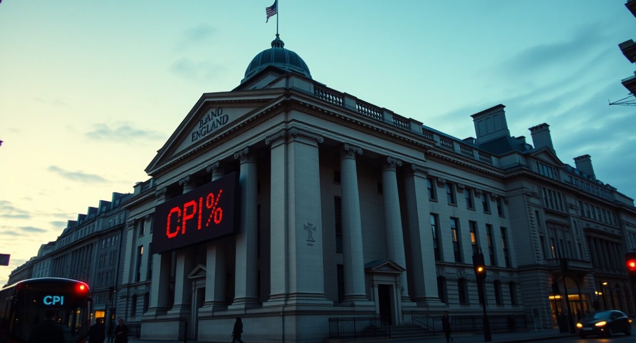 Bank of England building with rising CPI inflation data display reflecting March 2025 economic pressures