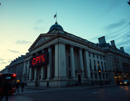 Bank of England building with rising CPI inflation data display reflecting March 2025 economic pressures