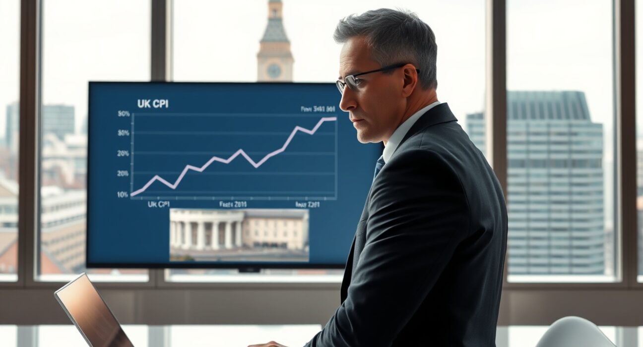 Economic analyst in London reviews UK CPI inflation forecast data on a screen.