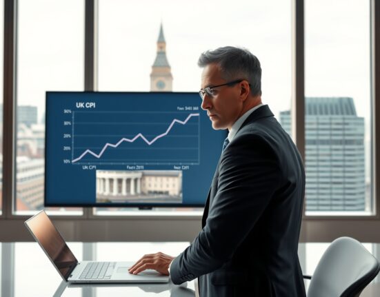 Economic analyst in London reviews UK CPI inflation forecast data on a screen.
