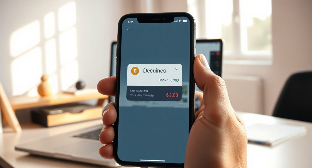 Person holding smartphone showing declined bank transaction with crypto exchange interface on laptop in background