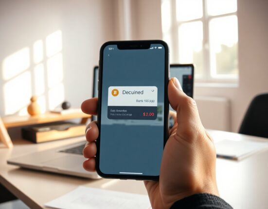 Person holding smartphone showing declined bank transaction with crypto exchange interface on laptop in background