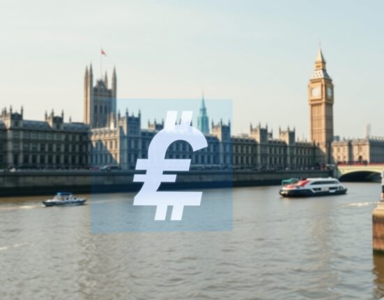 UK Parliament with cryptocurrency symbols representing the debate over crypto donations to political parties