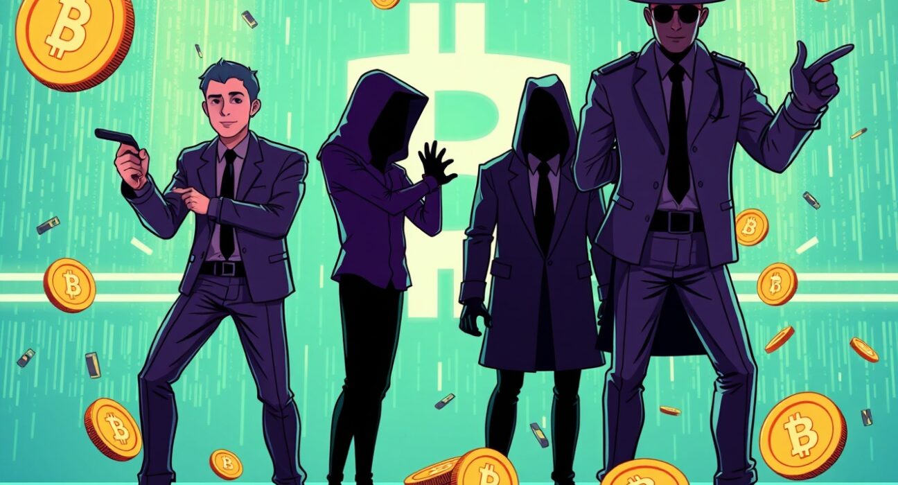 Cartoon illustration of crypto fraud case investigation with authorities arresting suspects