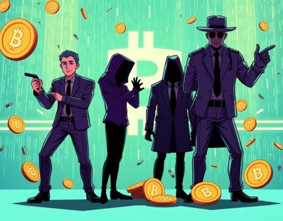 Cartoon illustration of crypto fraud case investigation with authorities arresting suspects
