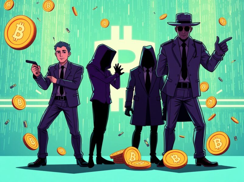 Cartoon illustration of crypto fraud case investigation with authorities arresting suspects