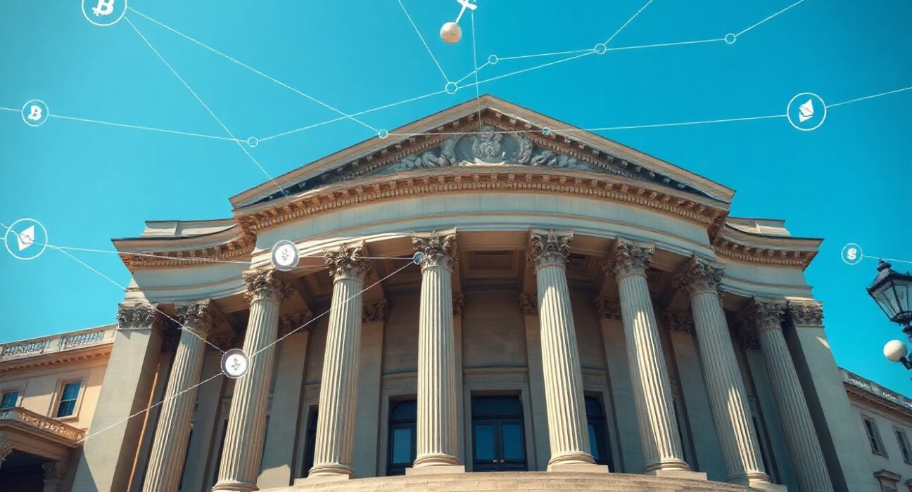 Bank of England building with digital blockchain and cryptocurrency symbols representing UK crypto regulation