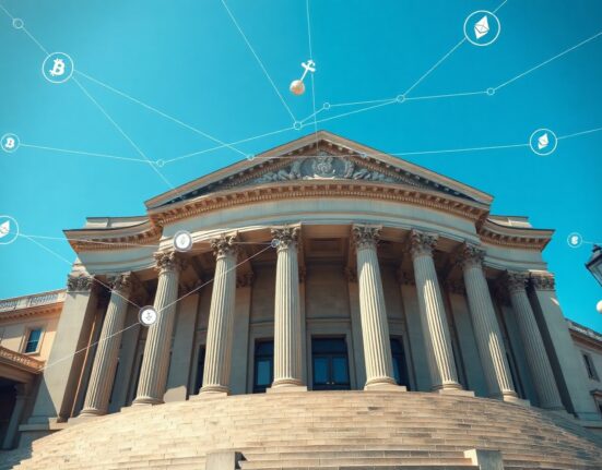 Bank of England building with digital blockchain and cryptocurrency symbols representing UK crypto regulation