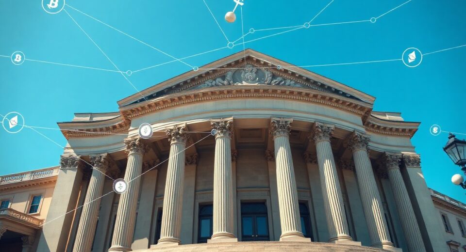 Bank of England building with digital blockchain and cryptocurrency symbols representing UK crypto regulation
