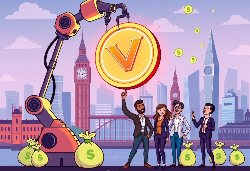 A cartoon illustration showing the successful $3.4M funding boost for UK crypto investment firm Vaultz Capital, symbolizing growth in UK crypto investment.