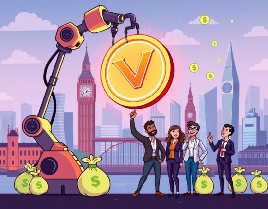 A cartoon illustration showing the successful $3.4M funding boost for UK crypto investment firm Vaultz Capital, symbolizing growth in UK crypto investment.