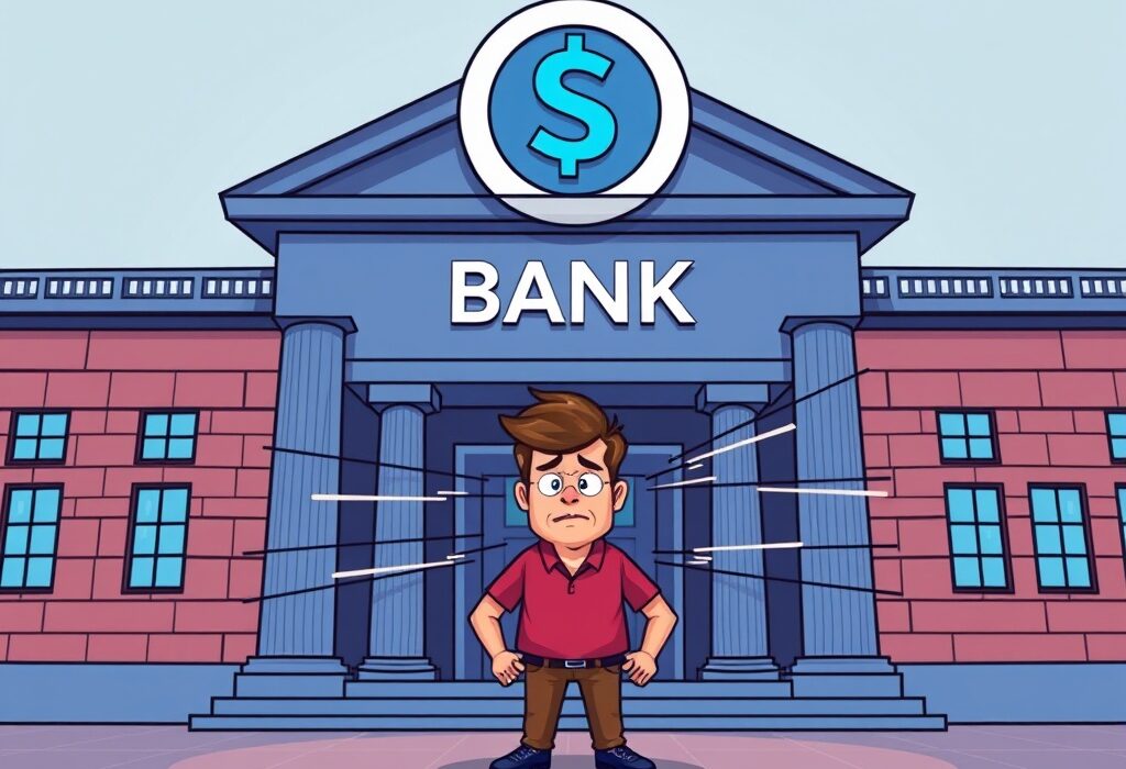 Cartoon illustration depicting UK crypto investors encountering financial barriers from banks.