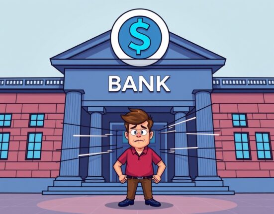 Cartoon illustration depicting UK crypto investors encountering financial barriers from banks.