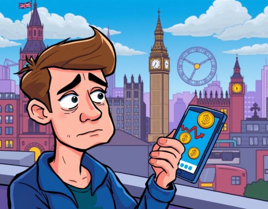 Illustration of UK crypto ownership decline showing a person contemplating a falling graph on a phone.