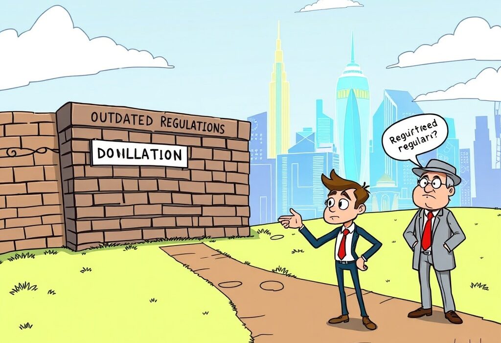 A cartoon illustration showing the stark contrast between innovative crypto concepts and a restrictive, outdated UK crypto policy, highlighted by a frustrated CEO.