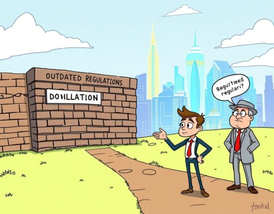 A cartoon illustration showing the stark contrast between innovative crypto concepts and a restrictive, outdated UK crypto policy, highlighted by a frustrated CEO.