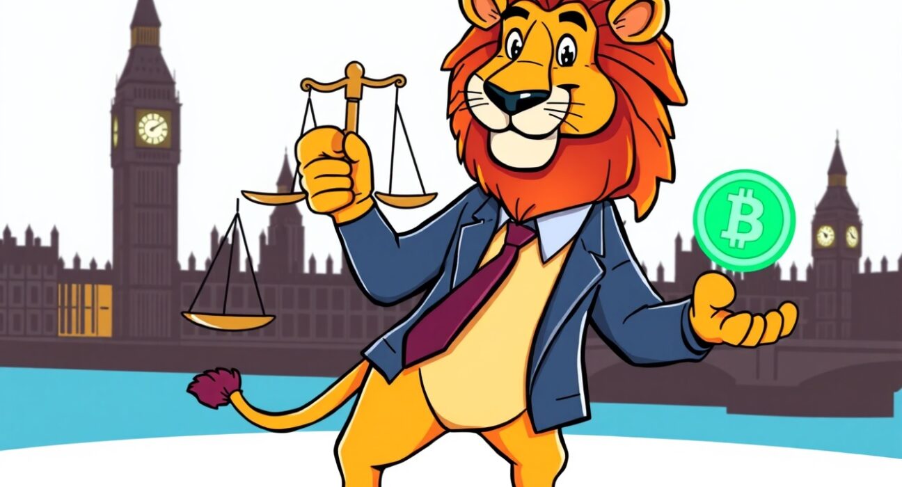 UK crypto regulation illustrated by a lion balancing scales and a digital coin.