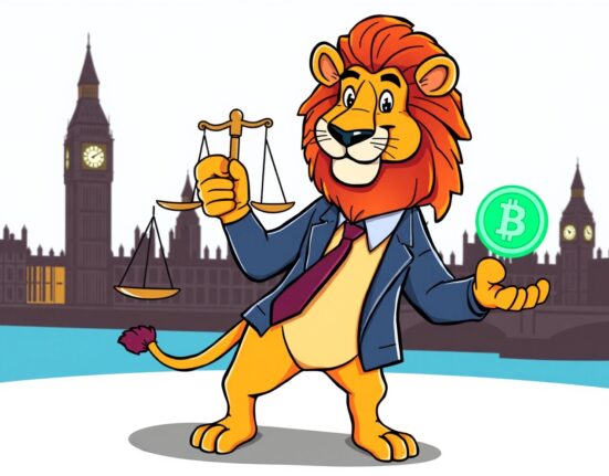 UK crypto regulation illustrated by a lion balancing scales and a digital coin.