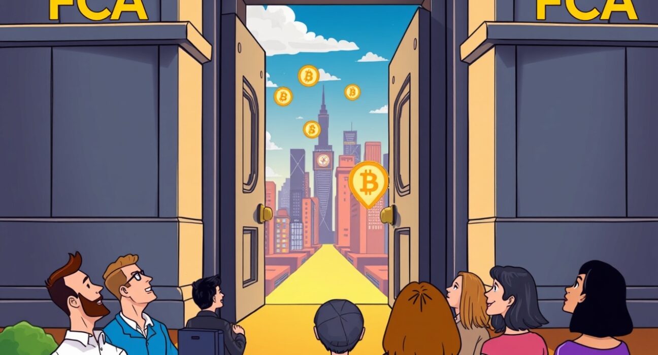 An illustration showing the UK Financial Conduct Authority easing some UK crypto regulation, opening new opportunities for firms.