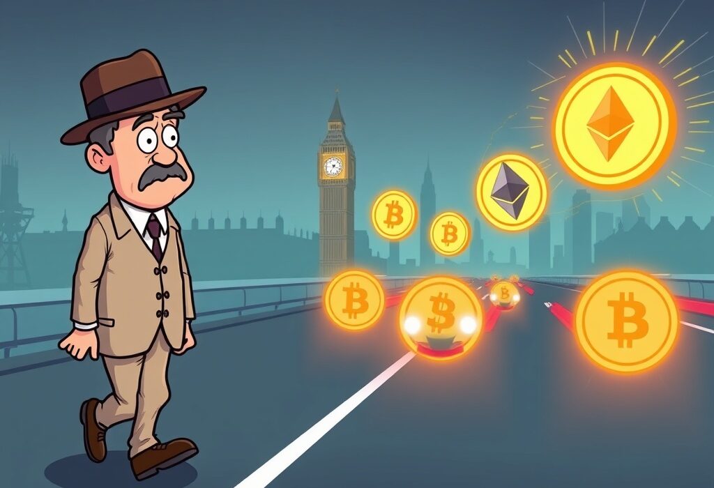 A cartoon illustration depicting a traditional British figure struggling to keep pace with rapidly moving digital currency symbols, symbolizing the lagging UK crypto regulation.