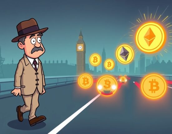 A cartoon illustration depicting a traditional British figure struggling to keep pace with rapidly moving digital currency symbols, symbolizing the lagging UK crypto regulation.