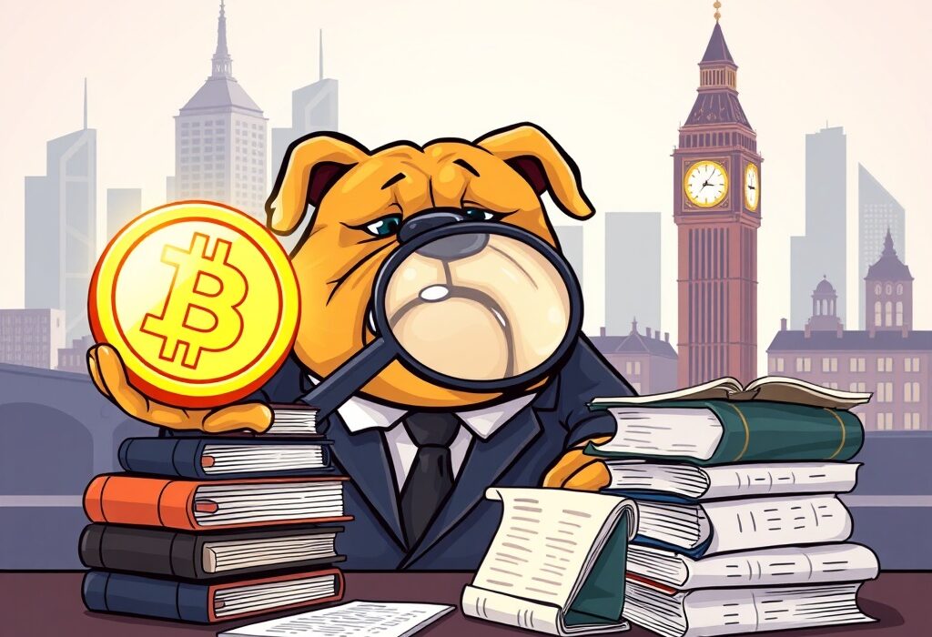 A cartoon British bulldog examines a crypto coin, symbolizing the UK Treasury's new anti-money laundering proposals for UK crypto regulations.