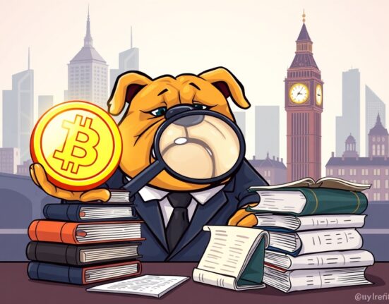 A cartoon British bulldog examines a crypto coin, symbolizing the UK Treasury's new anti-money laundering proposals for UK crypto regulations.