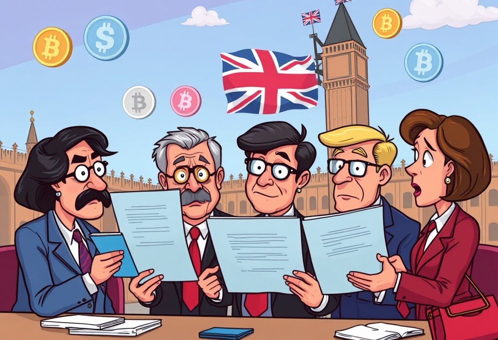 Cartoon illustration showing UK lawmakers discussing the urgent need for clear UK crypto regulations to retain digital asset companies.