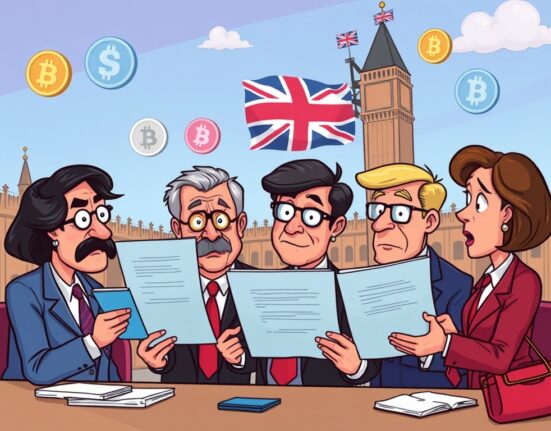 Cartoon illustration showing UK lawmakers discussing the urgent need for clear UK crypto regulations to retain digital asset companies.