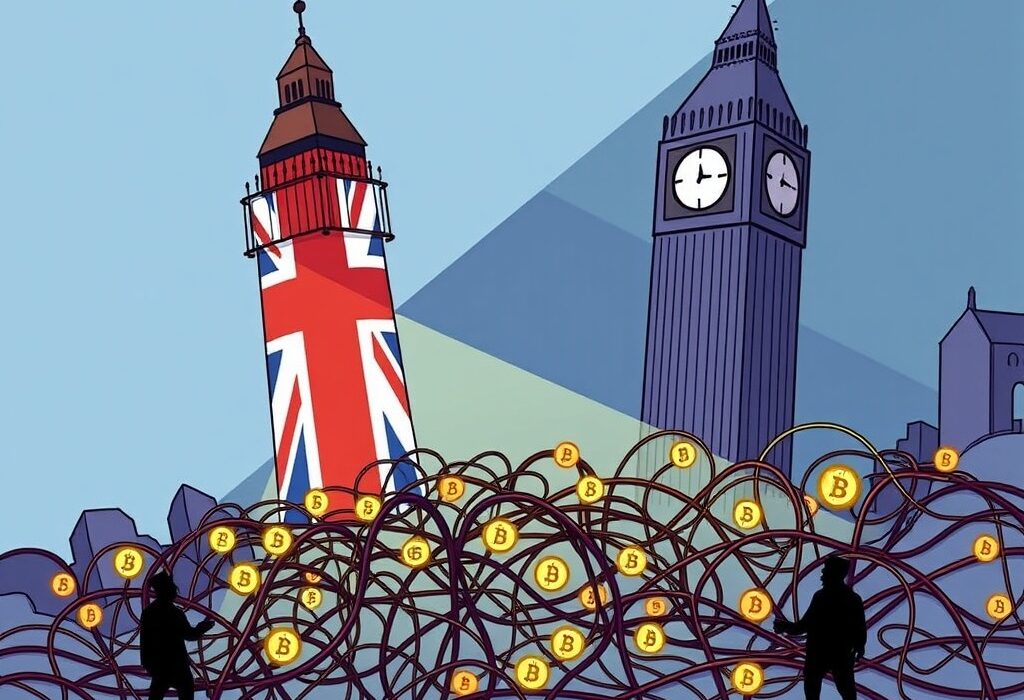 An illustration depicting the UK's decisive move to impose UK crypto sanctions on illicit Russian financial networks.