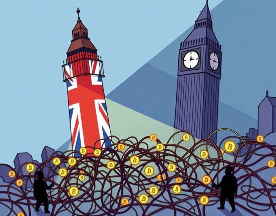 An illustration depicting the UK's decisive move to impose UK crypto sanctions on illicit Russian financial networks.