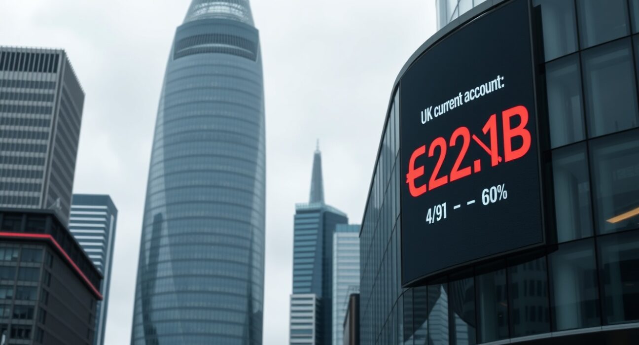 Digital display showing UK current account deficit of £22.1 billion in London financial district